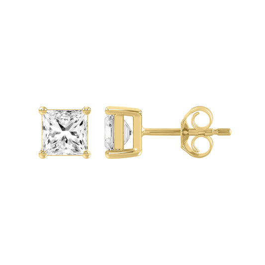 1 Carat Princess Lab Grown Diamond Stud Earrings Yellow Gold down view