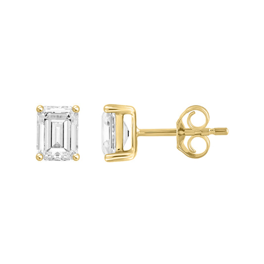 1 Carat Emerald Cut Lab Grown Diamond Stud Earrings Yellow Gold down view