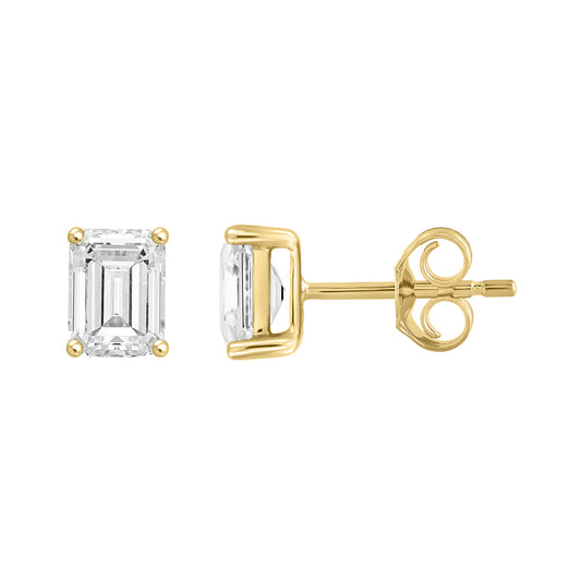 3 Carat Emerald Cut Lab Grown Diamond Stud Earrings Yellow Gold down view