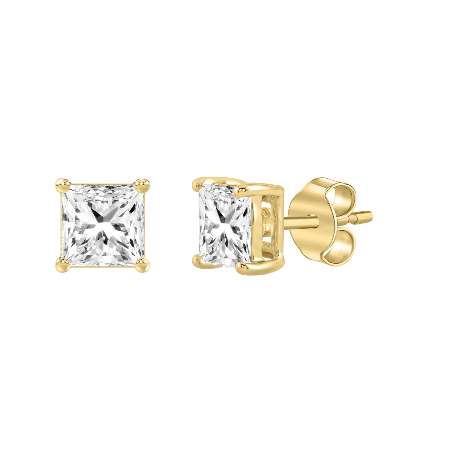 2 Carat Princess Lab Grown Diamond Stud Earrings Yellow Gold flat view
