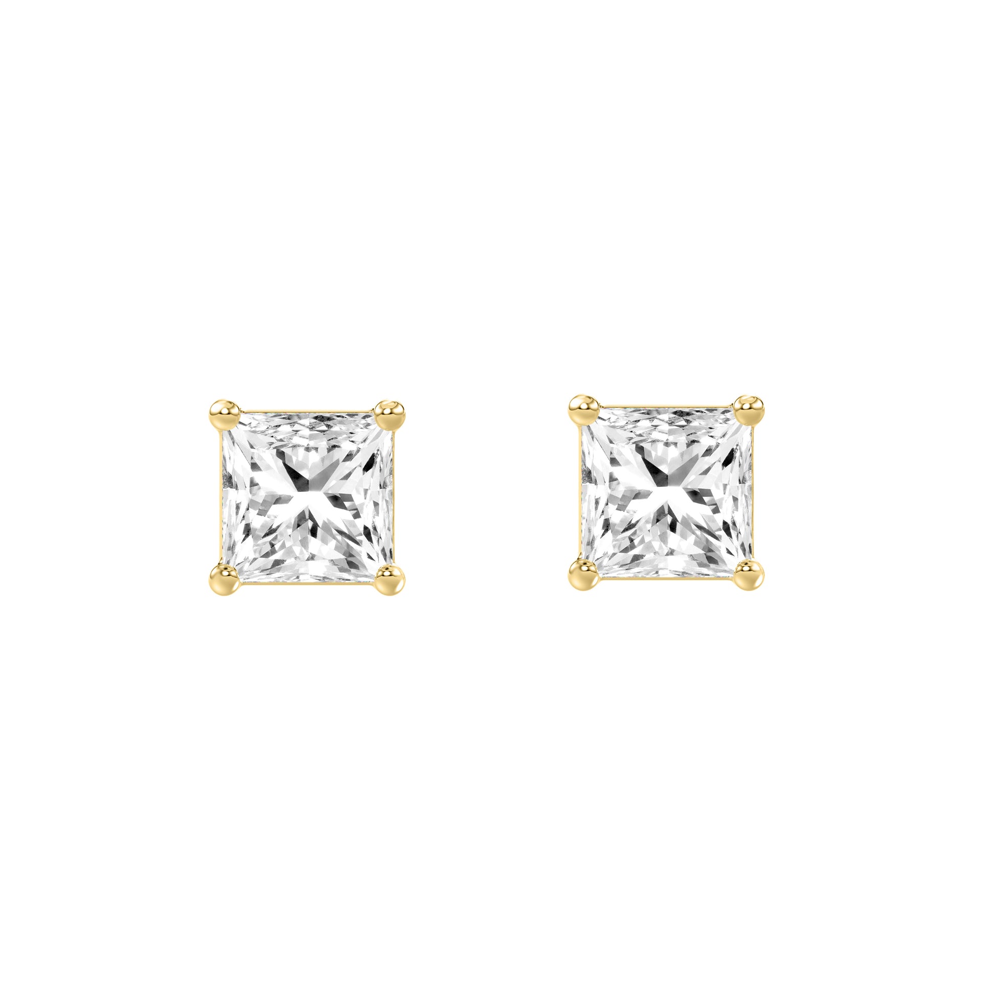 1 Carat Princess Lab Grown Diamond Stud Earrings Yellow Gold angle view