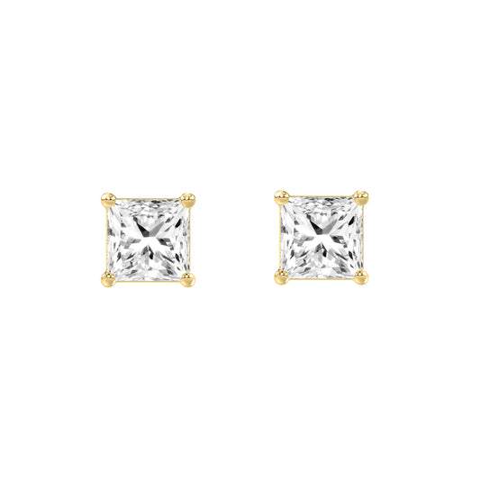 1 Carat Princess Lab Grown Diamond Stud Earrings Yellow Gold angle view