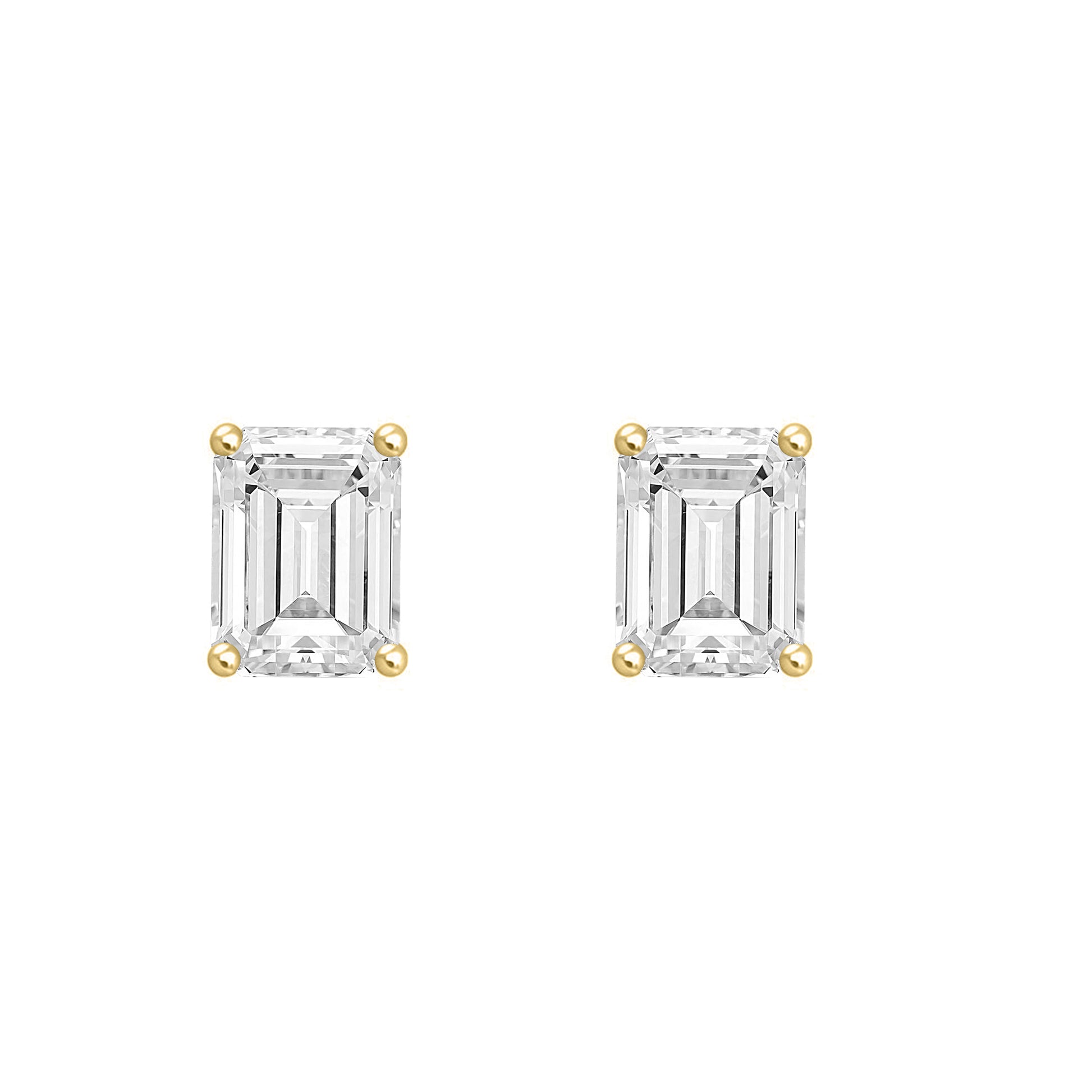 3 Carat Emerald Cut Lab Grown Diamond Stud Earrings Yellow Gold angle view