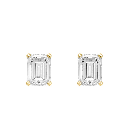 3 Carat Emerald Cut Lab Grown Diamond Stud Earrings Yellow Gold angle view