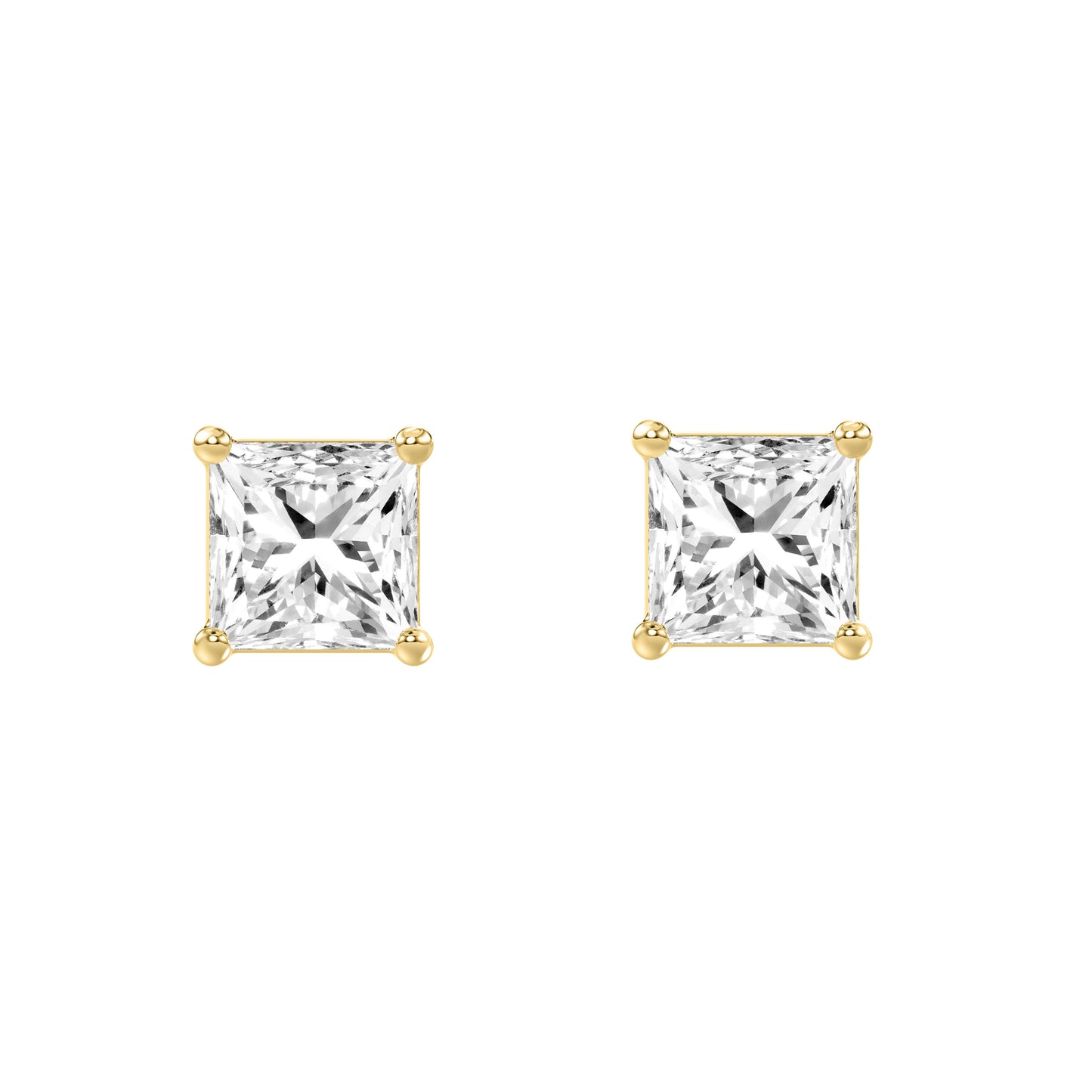 3 Carat Princess Lab Grown Diamond Stud Earrings Yellow Gold angle view