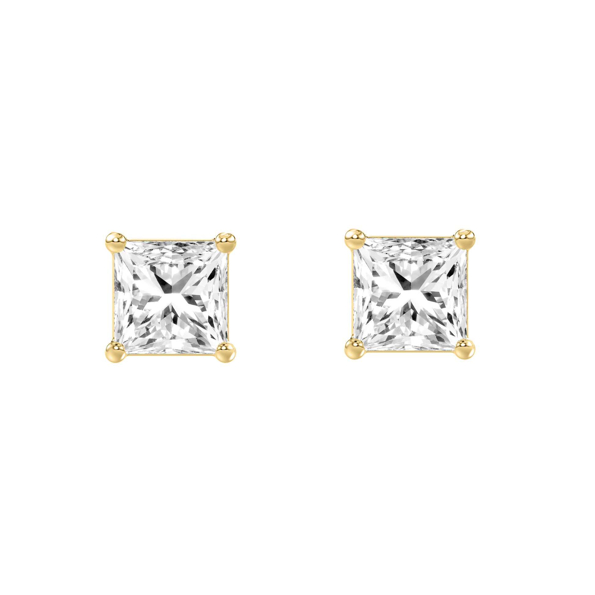 3 Carat Princess Lab Grown Diamond Stud Earrings Yellow Gold angle view