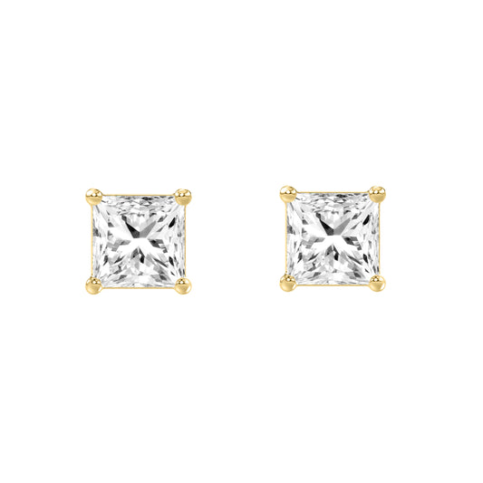 3 Carat Princess Lab Grown Diamond Stud Earrings Yellow Gold angle view