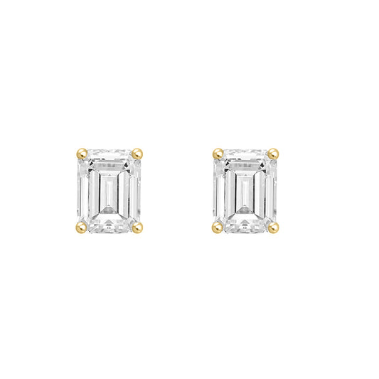 2 Carat Emerald Cut Lab Grown Diamond Stud Earrings Yellow Gold angle view