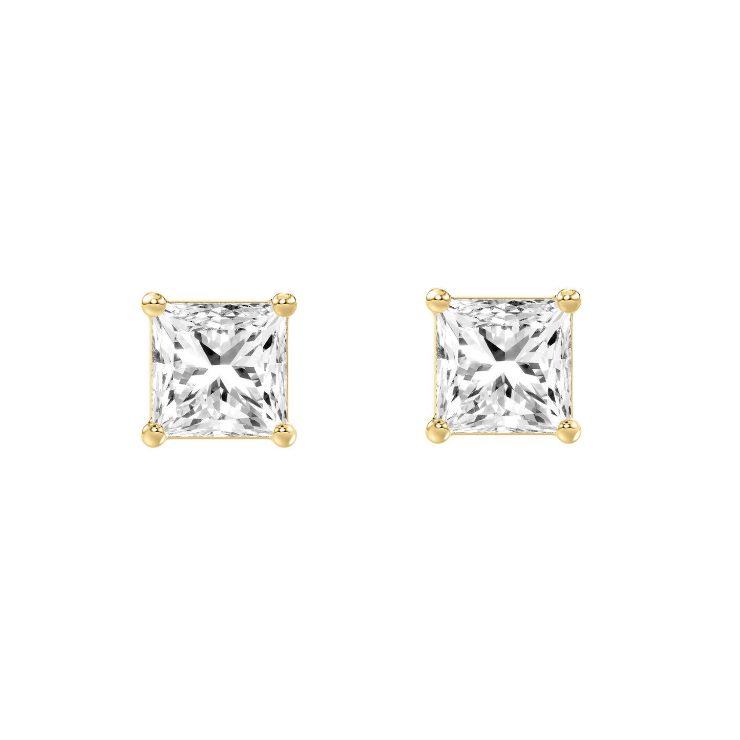 2 Carat Princess Lab Grown Diamond Stud Earrings Yellow Gold angle view