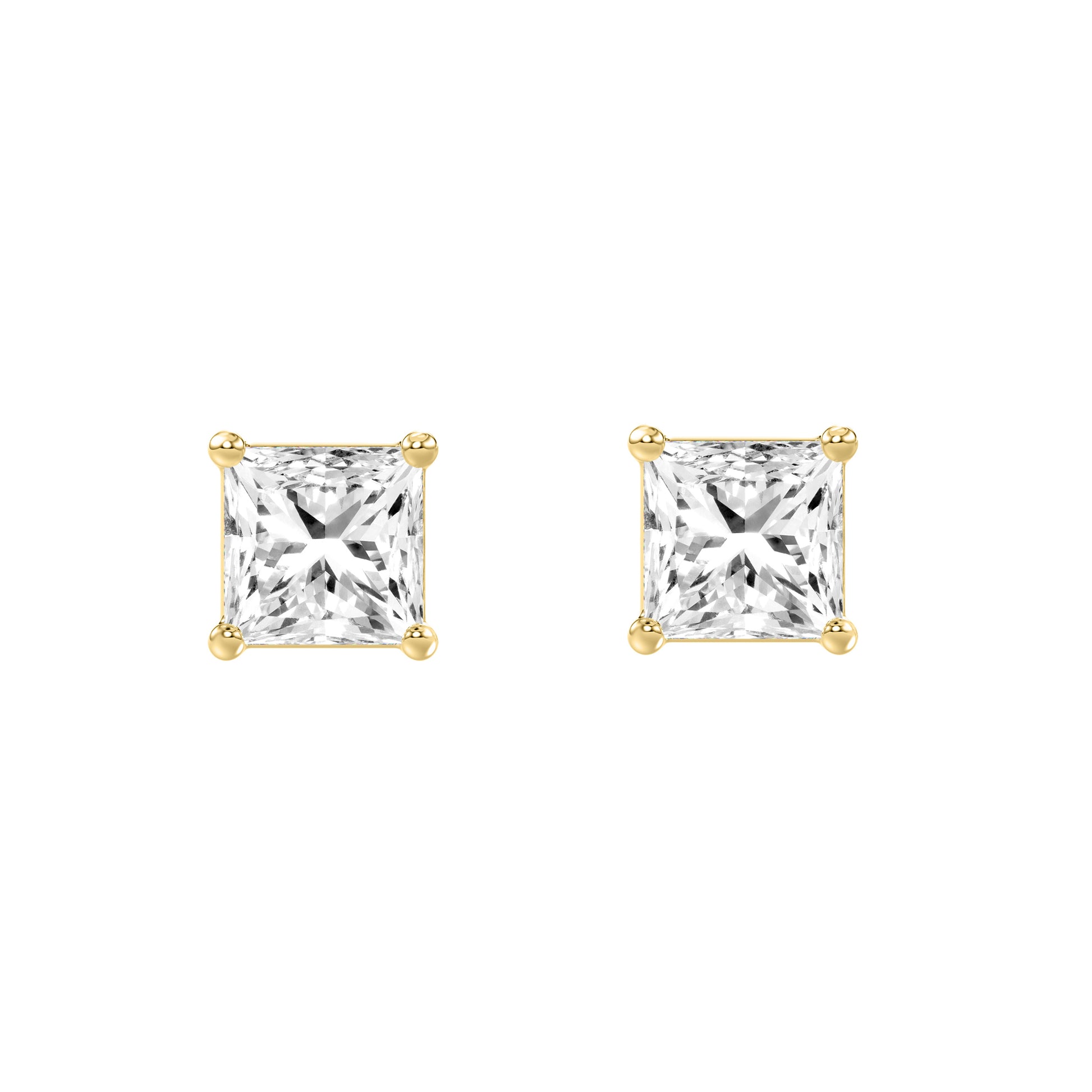 2 Carat Princess Lab Grown Diamond Stud Earrings Yellow Gold angle view