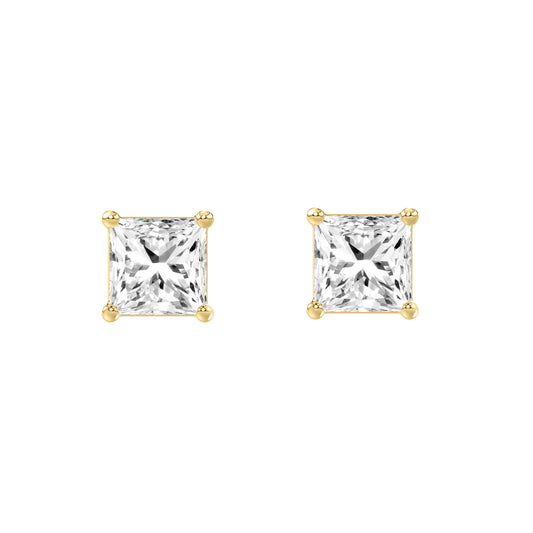 2 Carat Princess Lab Grown Diamond Stud Earrings Yellow Gold angle view