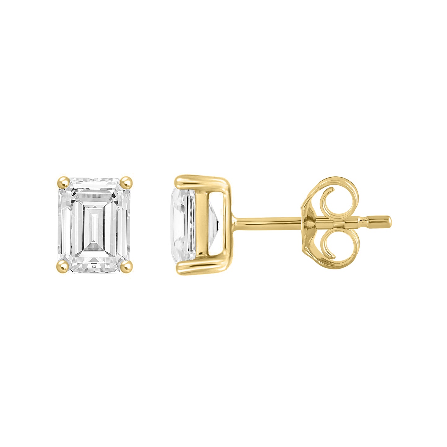 2 Carat Emerald Cut Lab Grown Diamond Stud Earrings Yellow Gold down view