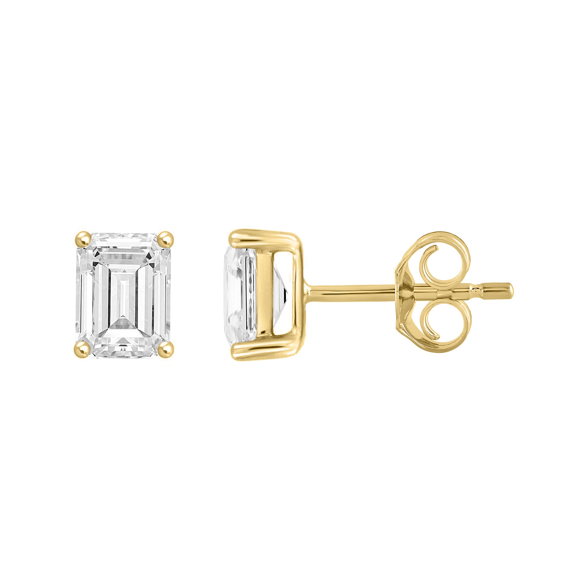 2 Carat Emerald Cut Lab Grown Diamond Stud Earrings Yellow Gold down view
