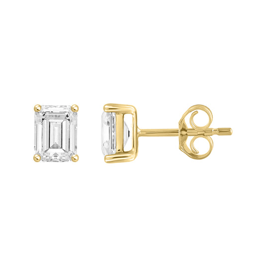 2 Carat Emerald Cut Lab Grown Diamond Stud Earrings Yellow Gold down view