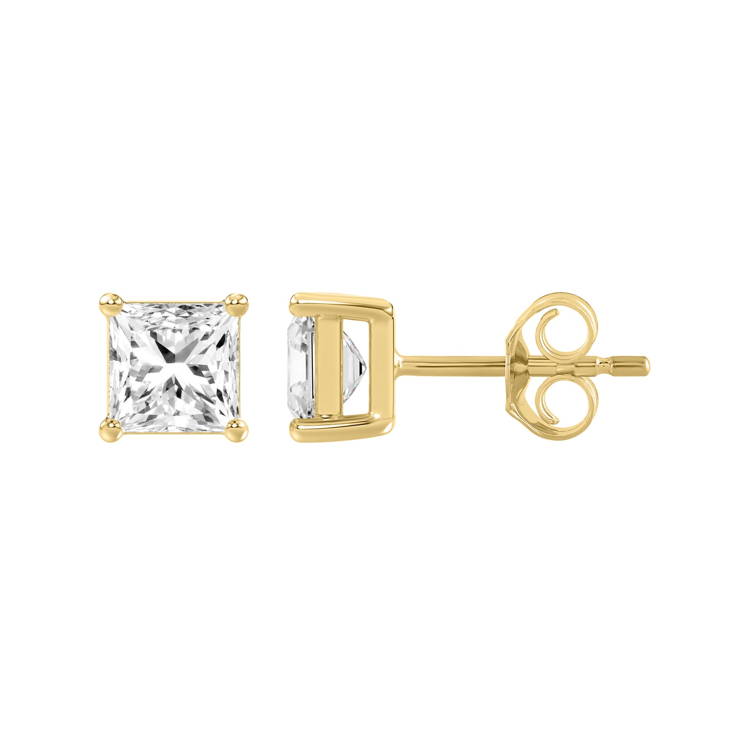 1.5 Carat Princess Lab Grown Diamond Stud Earrings Yellow Gold down view
