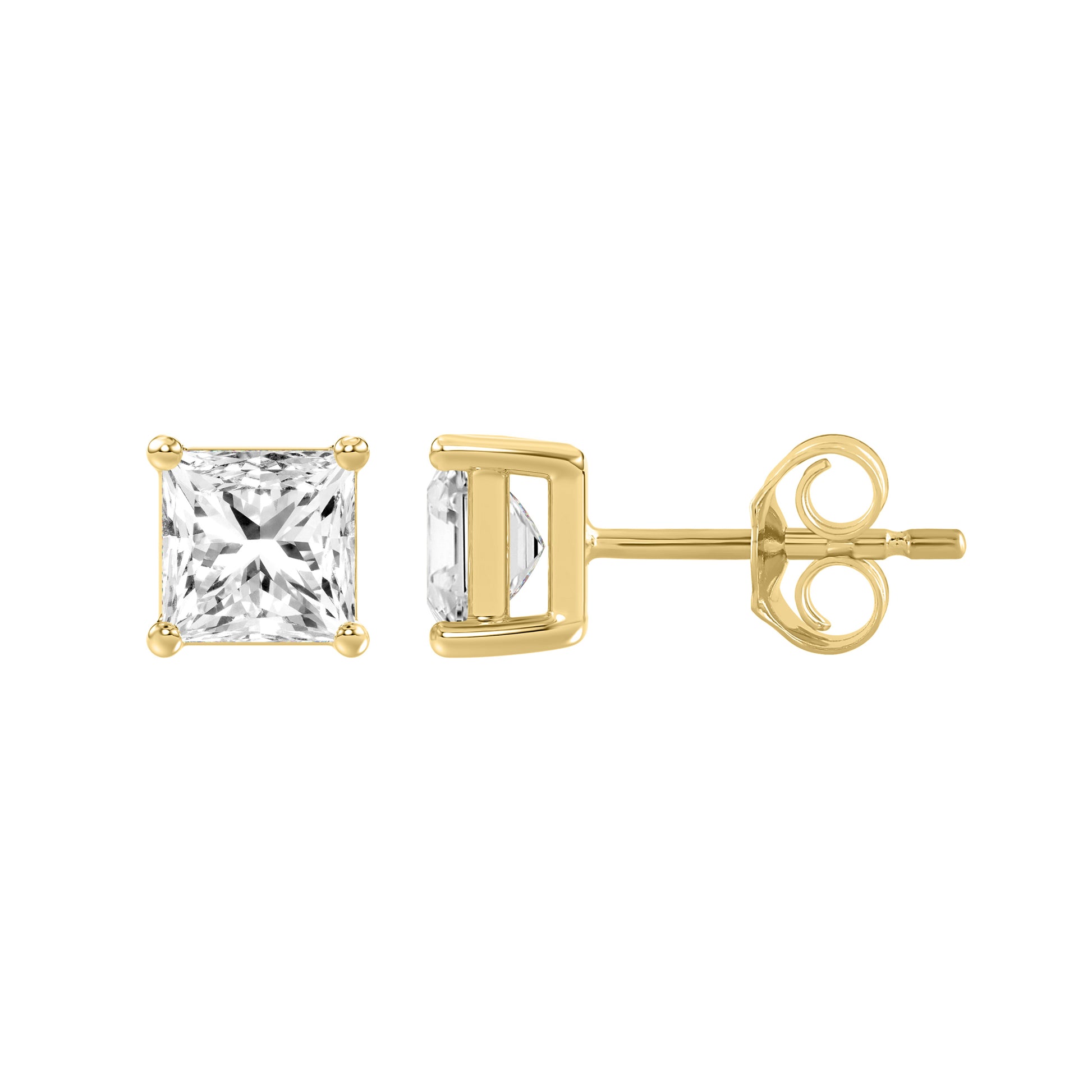 1.5 Carat Princess Lab Grown Diamond Stud Earrings Yellow Gold down view