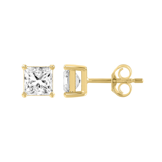 1.5 Carat Princess Lab Grown Diamond Stud Earrings Yellow Gold down view