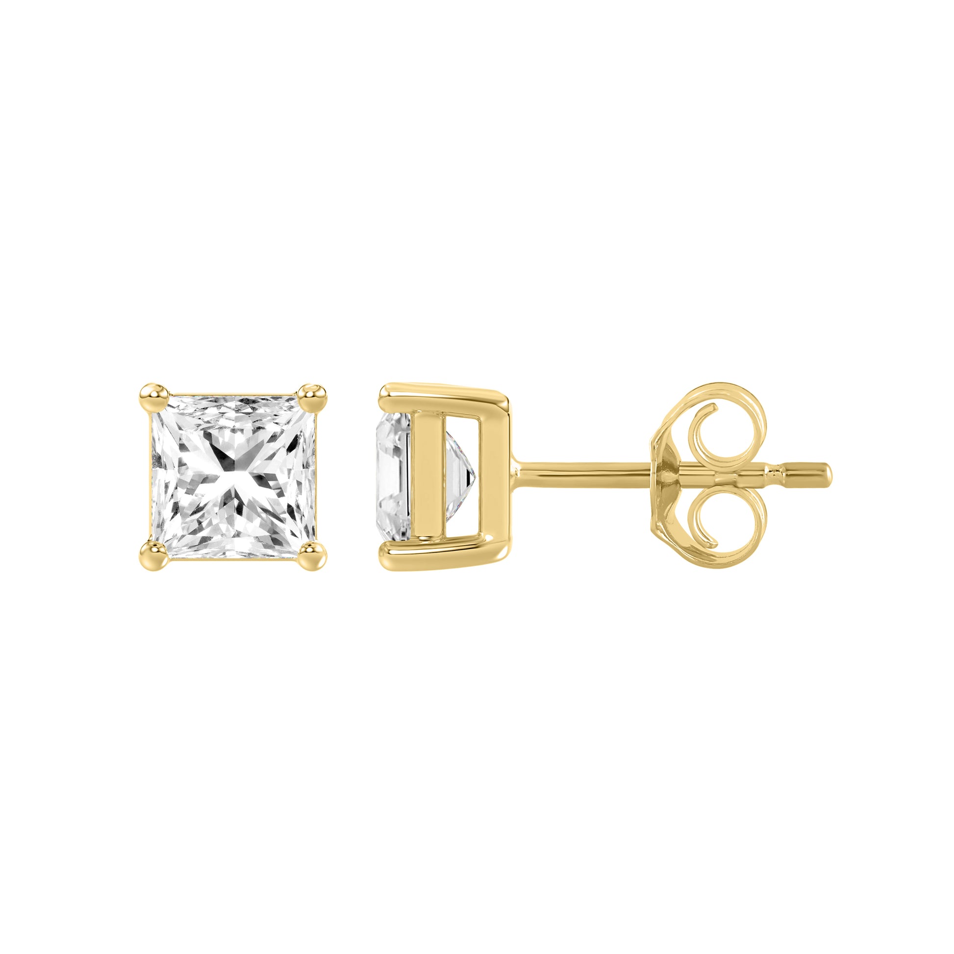 1 Carat Princess Lab Grown Diamond Stud Earrings Yellow Gold down view