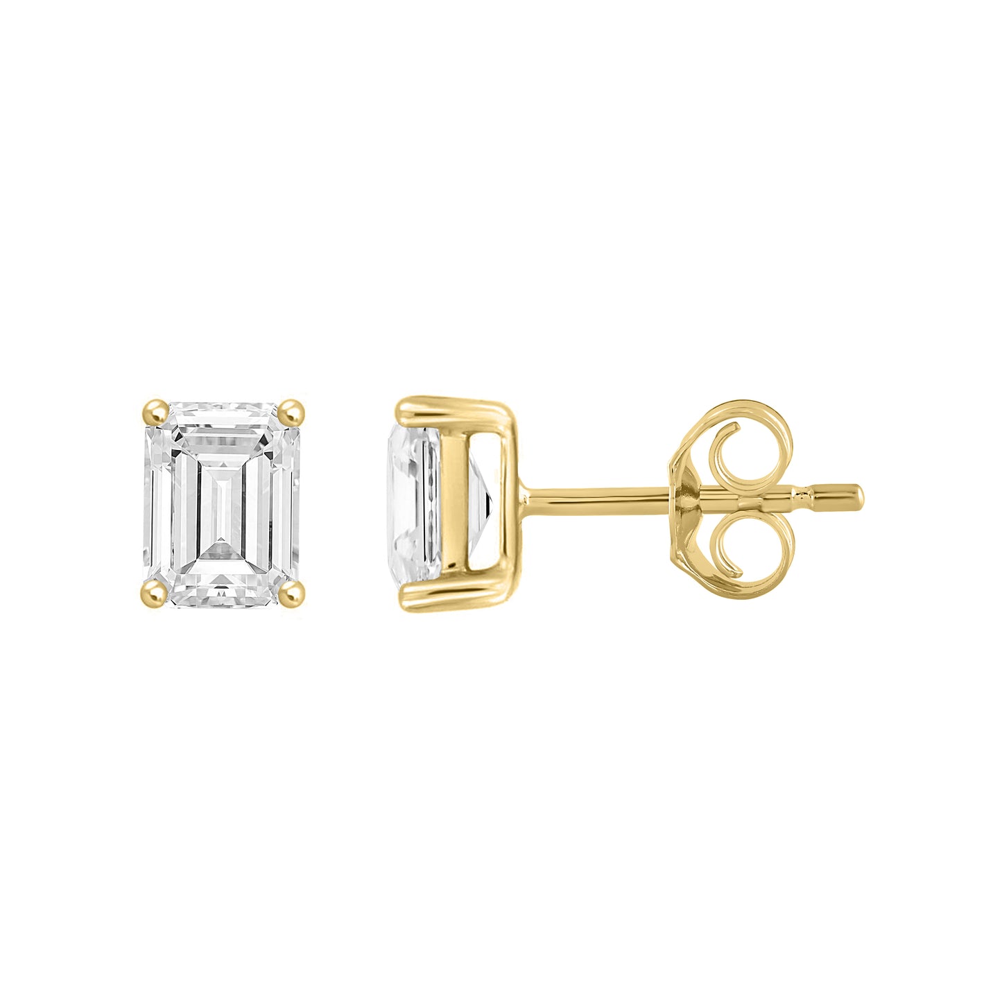 1.5 Carat Emerald Cut Lab Grown Diamond Stud Earrings Yellow Gold down view