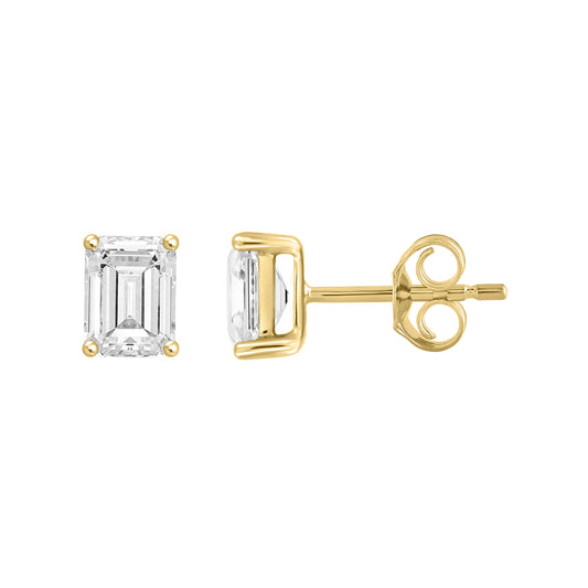 1.5 Carat Emerald Cut Lab Grown Diamond Stud Earrings Yellow Gold down view