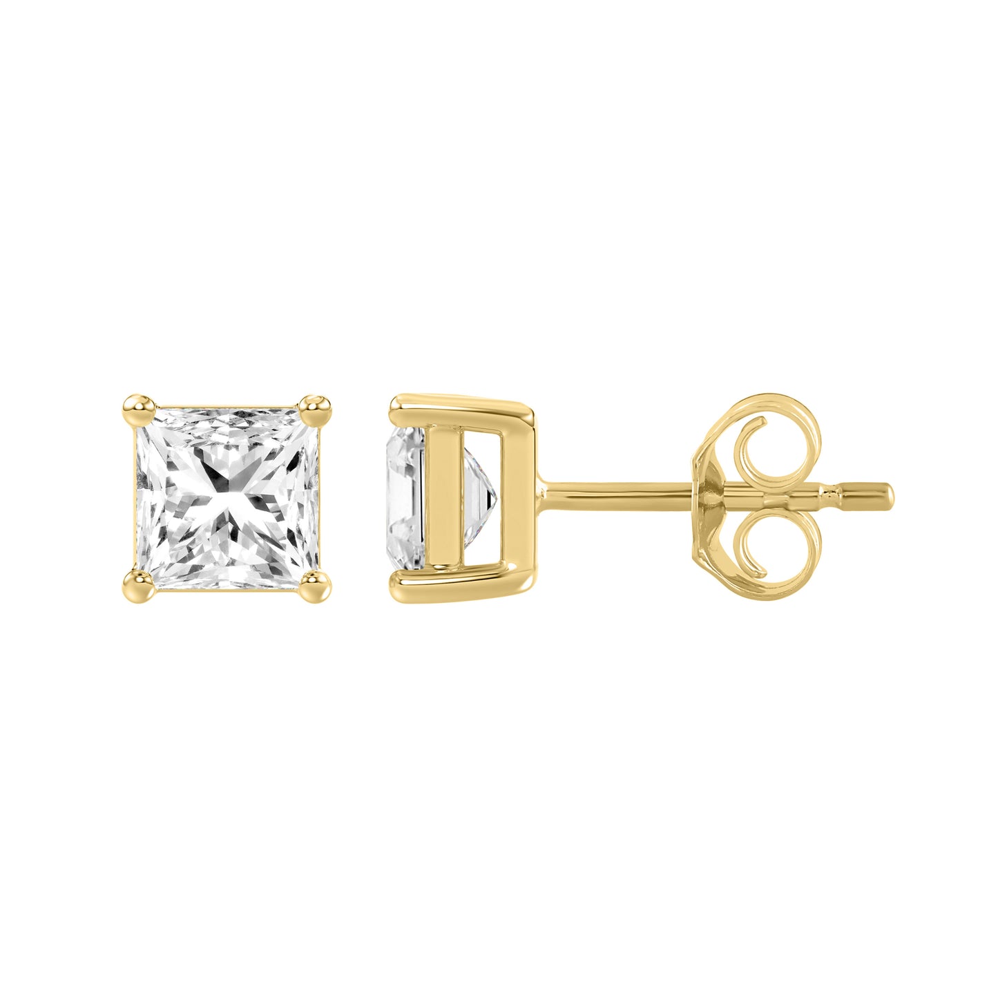 2 Carat Princess Lab Grown Diamond Stud Earrings Yellow Gold down view