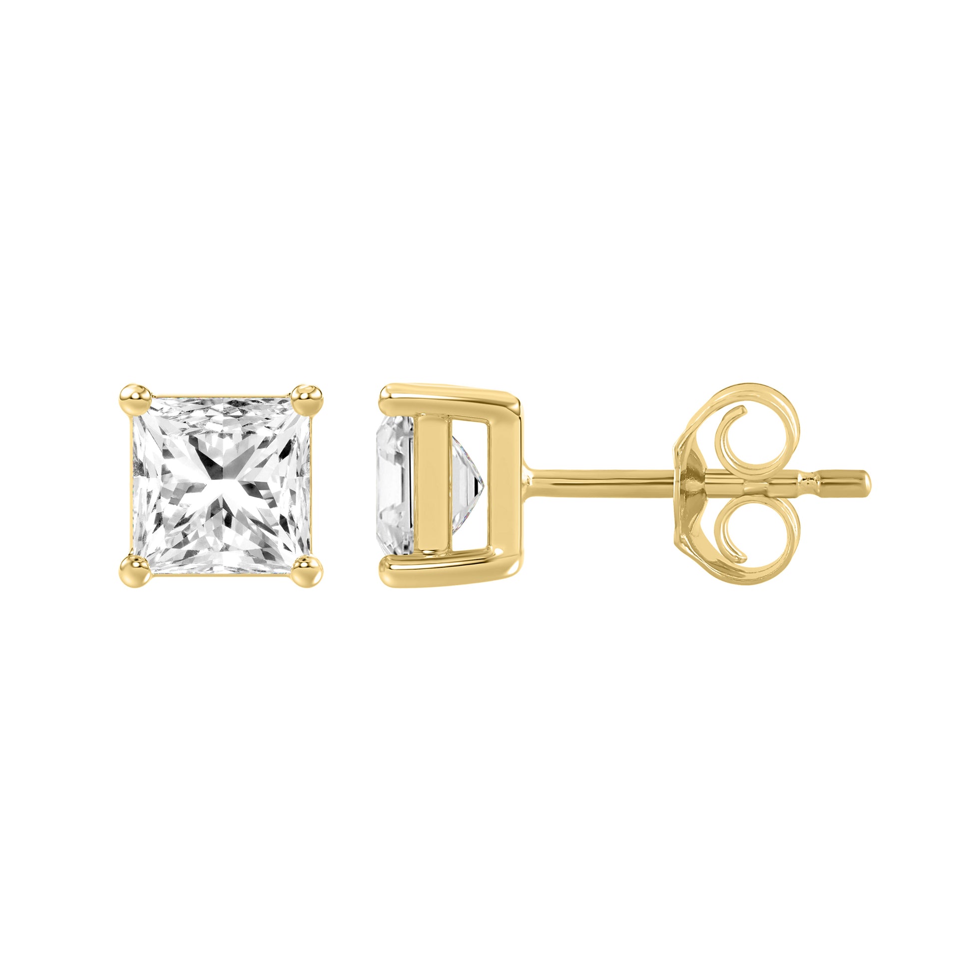 2 Carat Princess Lab Grown Diamond Stud Earrings Yellow Gold down view