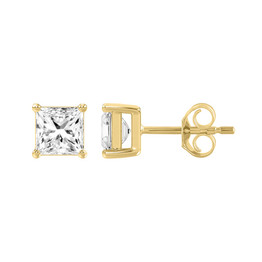 2 Carat Princess Lab Grown Diamond Stud Earrings Yellow Gold down view