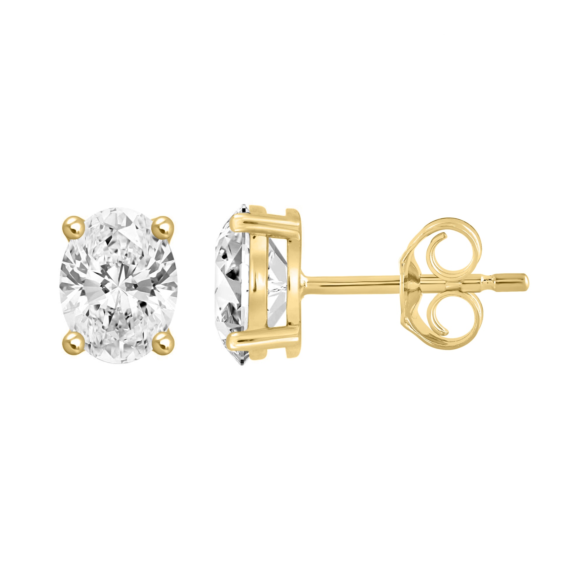 2 Carat Oval Lab Grown Diamond Stud Earrings Yellow Gold down view
