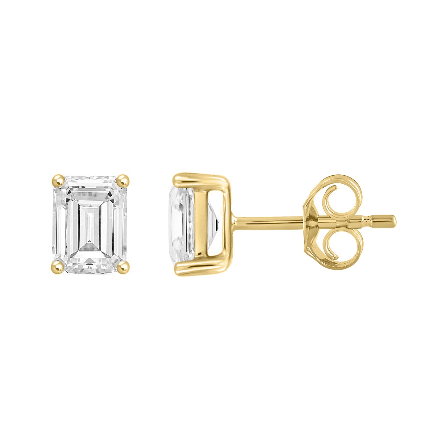 3 Carat Emerald Cut Lab Grown Diamond Stud Earrings Yellow Gold down view