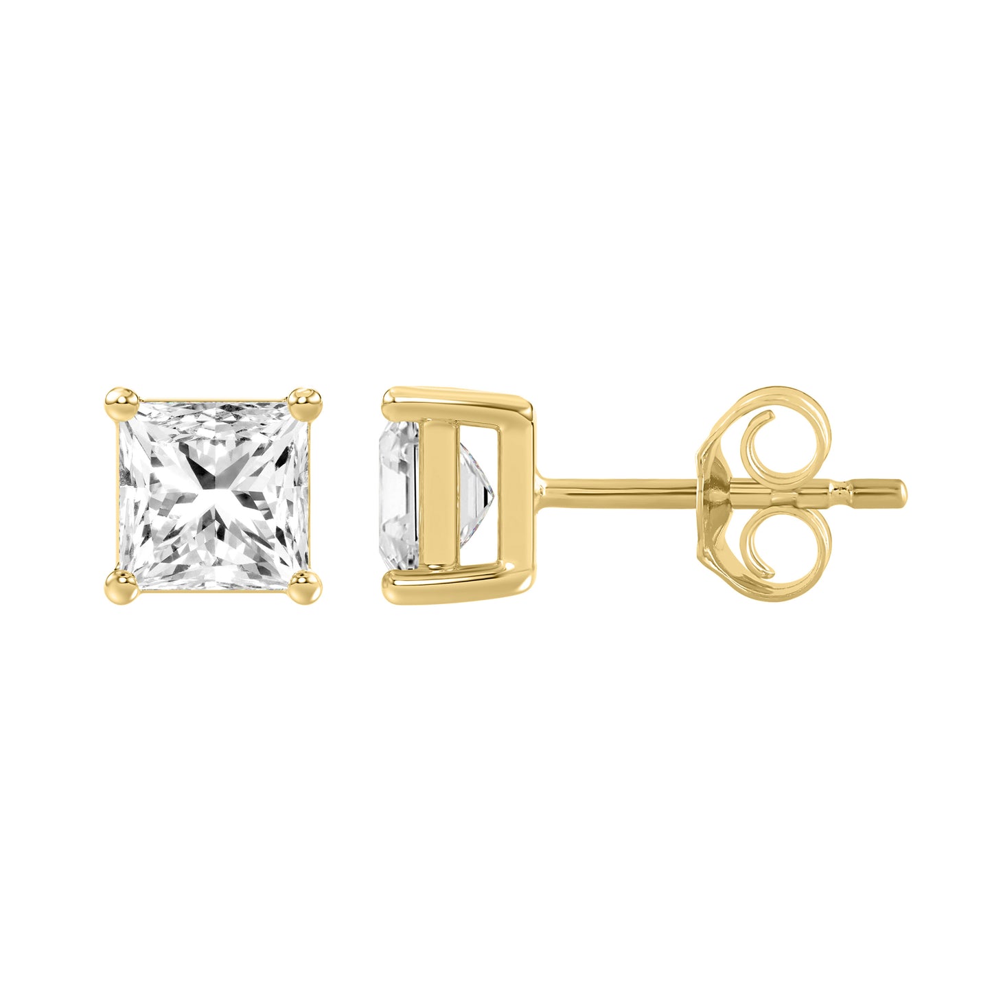 3 Carat Princess Lab Grown Diamond Stud Earrings Yellow Gold down view