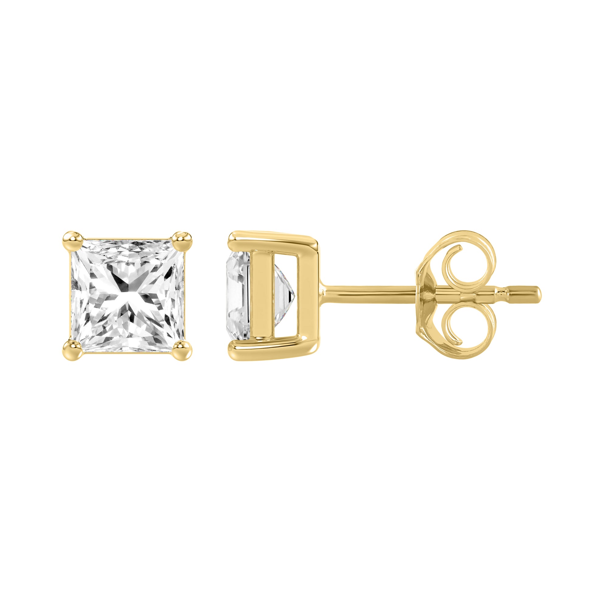 3 Carat Princess Lab Grown Diamond Stud Earrings Yellow Gold down view