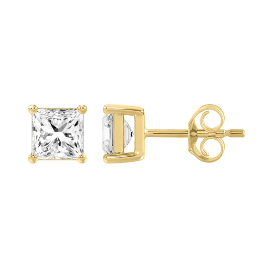 3 Carat Princess Lab Grown Diamond Stud Earrings Yellow Gold down view
