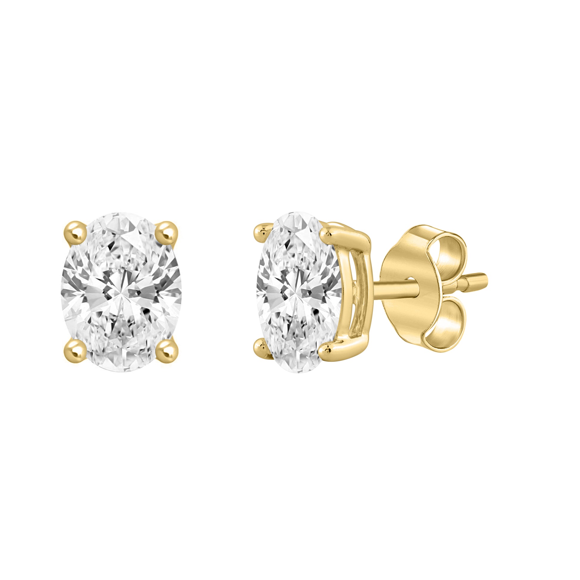 2 Carat Oval Lab Grown Diamond Stud Earrings Yellow Gold flat view