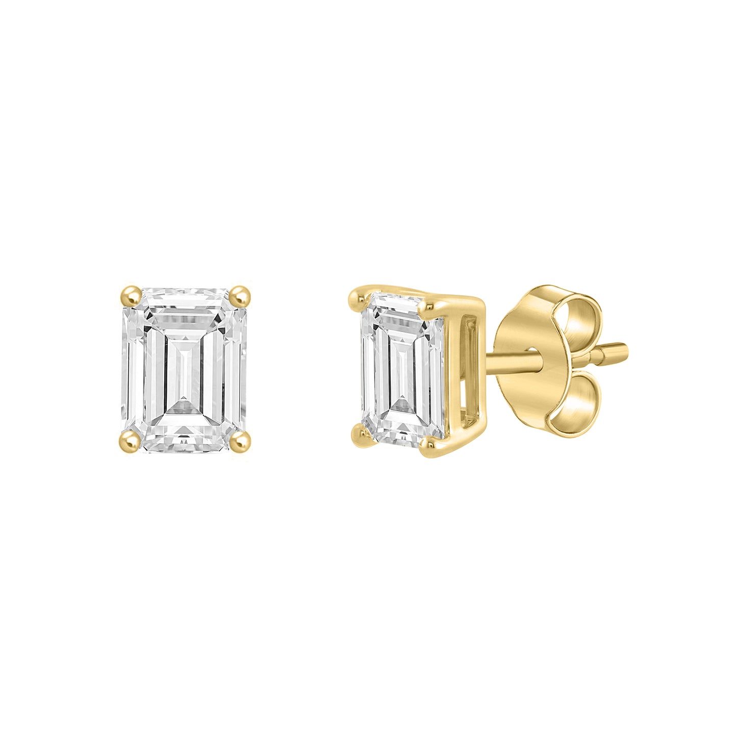 3 Carat Emerald Cut Lab Grown Diamond Stud Earrings Yellow Gold flat view