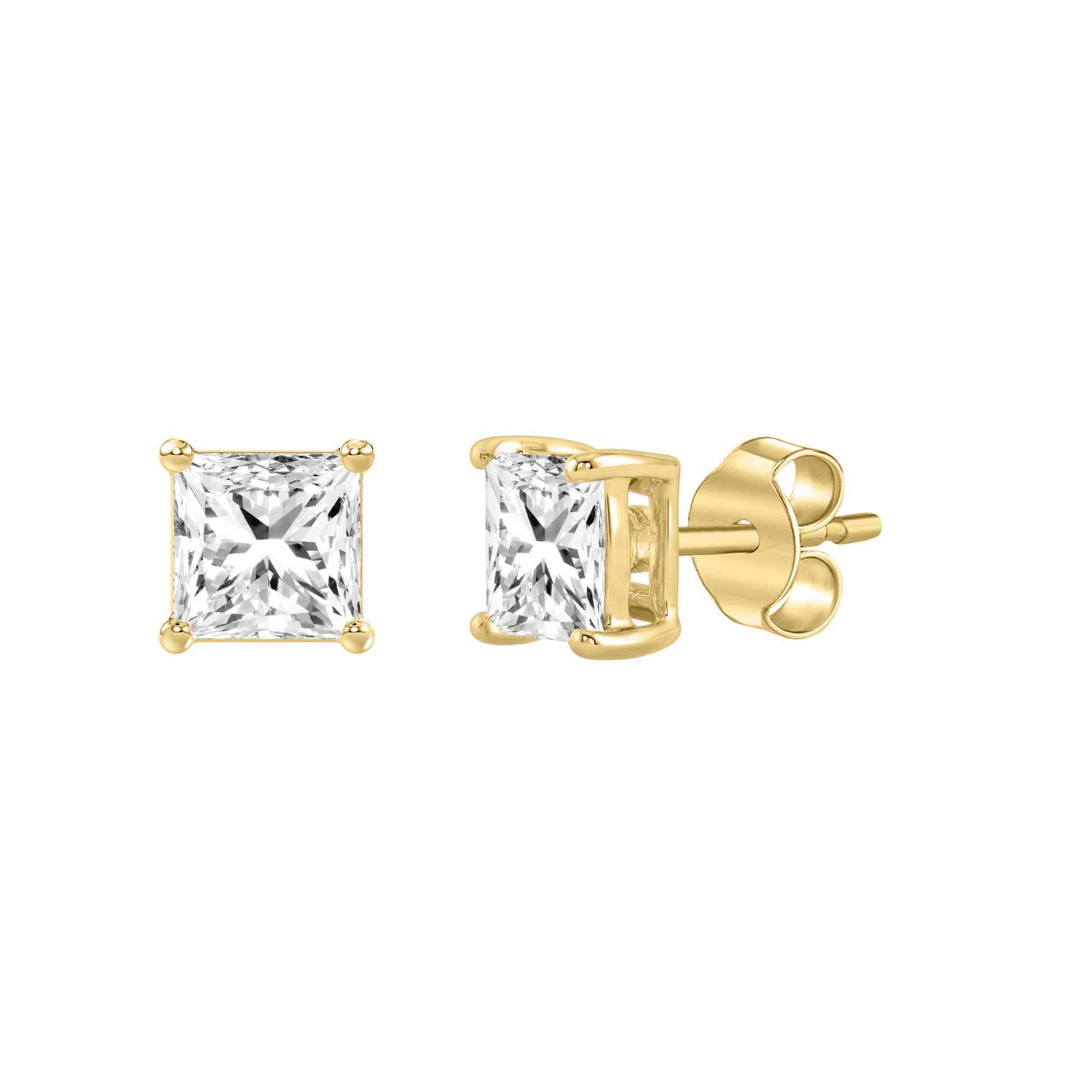 1 Carat Princess Lab Grown Diamond Stud Earrings Yellow Gold flat view