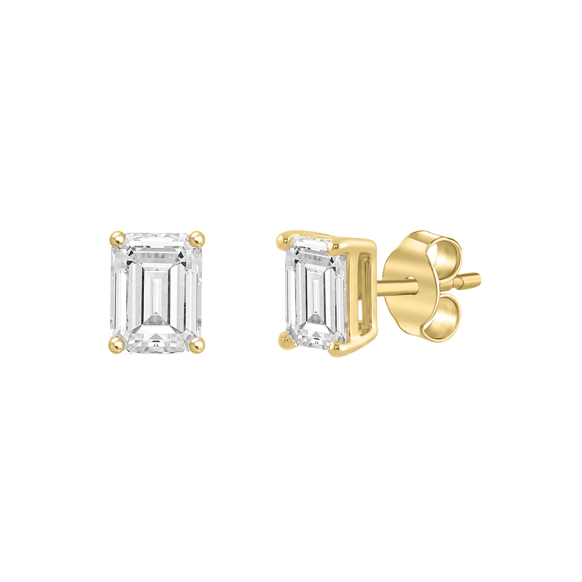 1 Carat Emerald Cut Lab Grown Diamond Stud Earrings Yellow Gold flat view