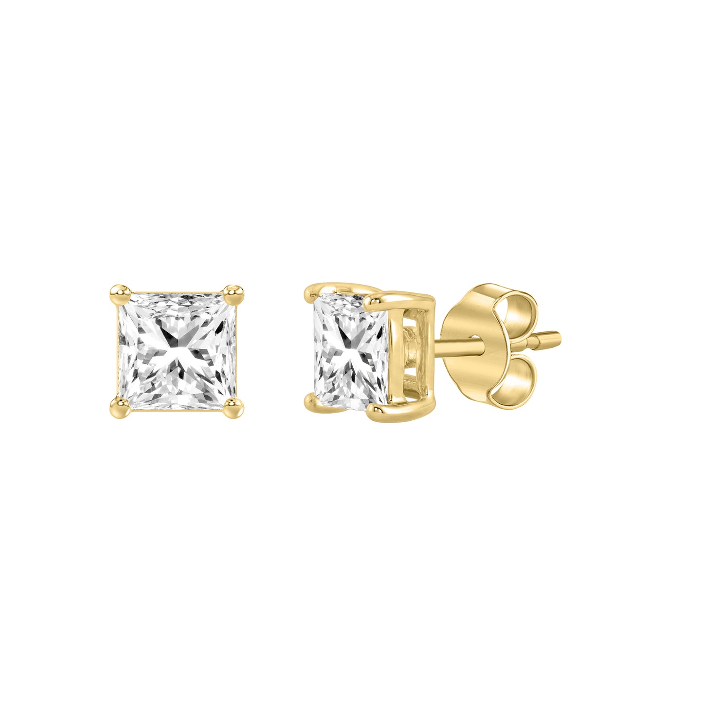 0.46 Carat Princess Lab Grown Diamond Stud Earrings Yellow Gold flat view