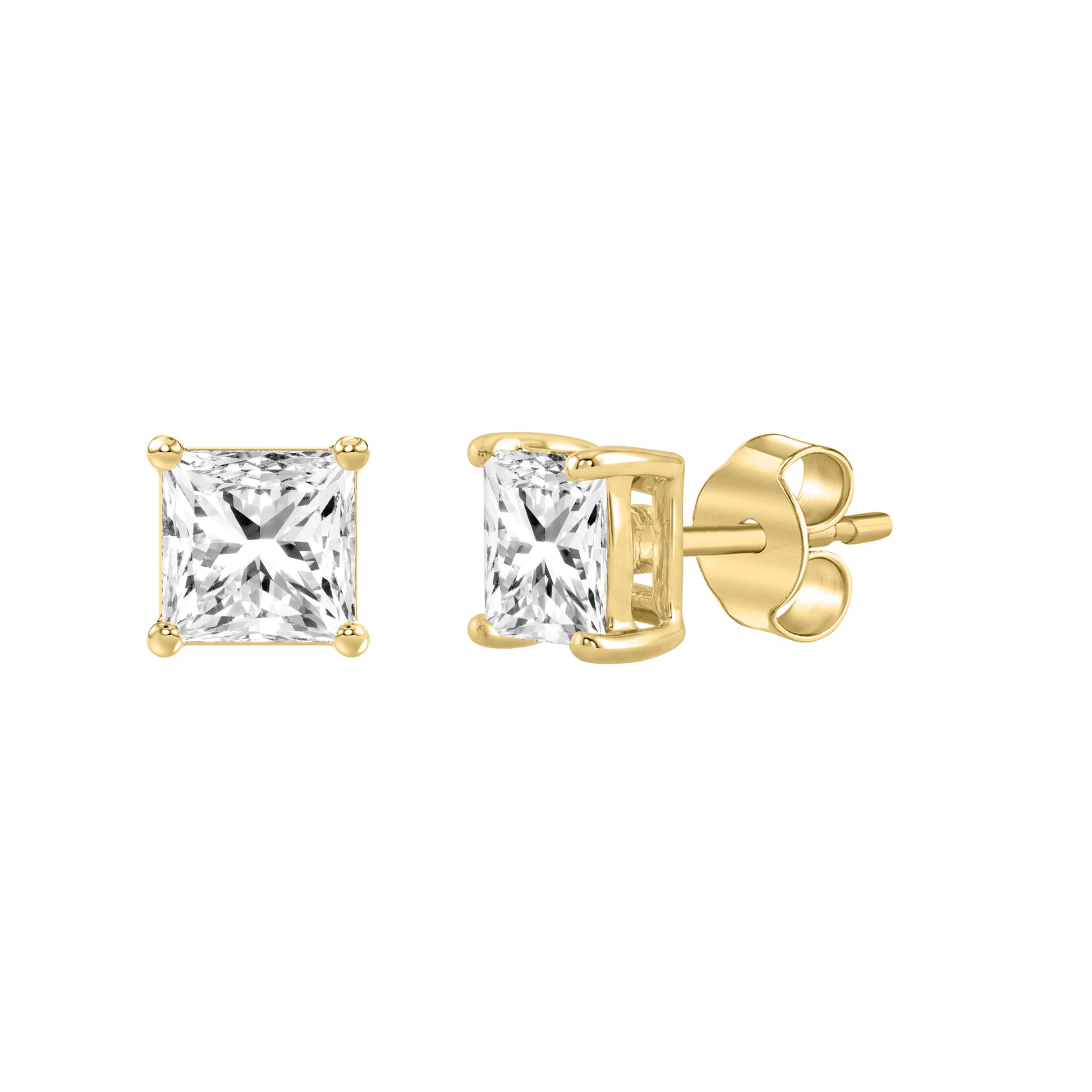 1.5 Carat Princess Lab Grown Diamond Stud Earrings Yellow Gold flat view