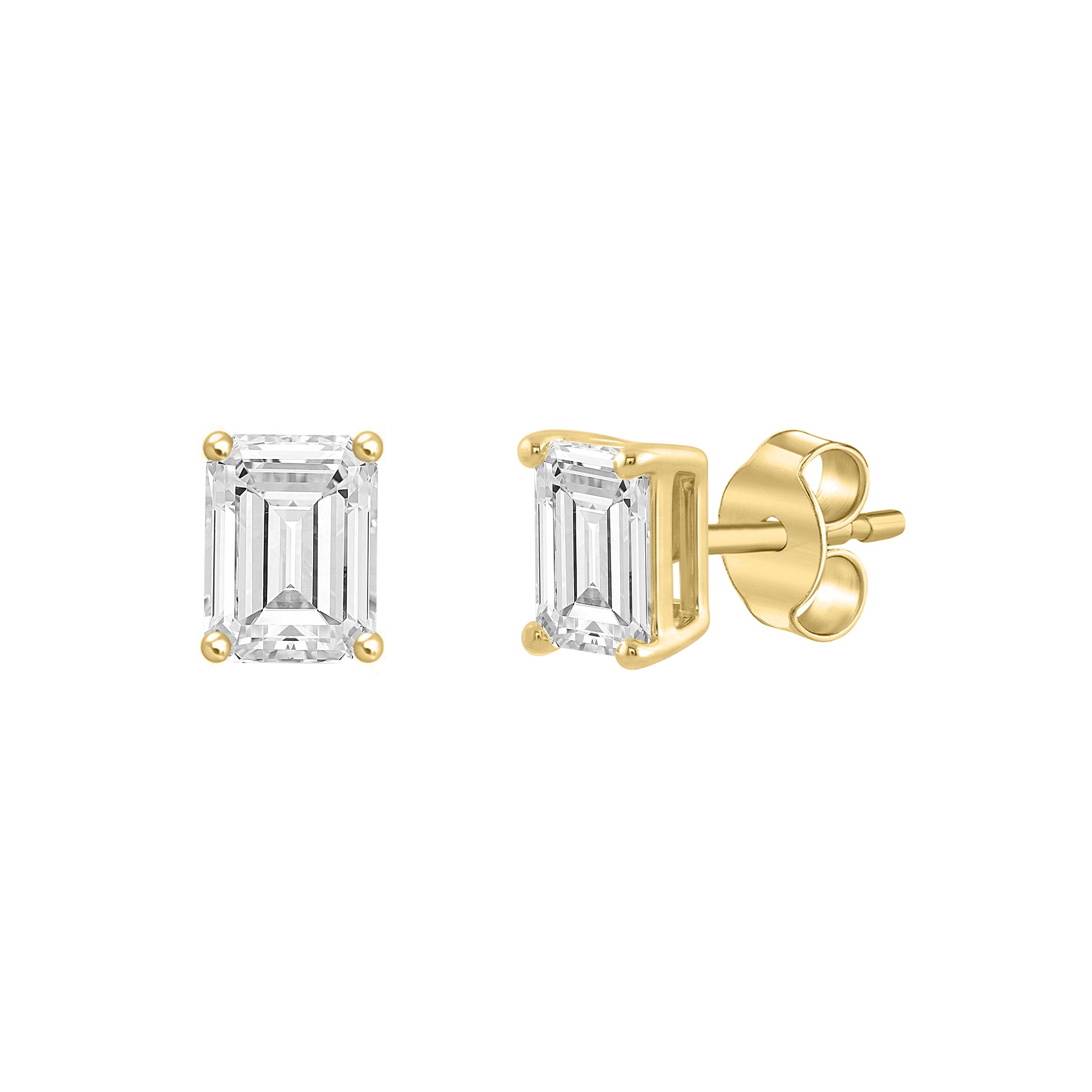 1.5 Carat Emerald Cut Lab Grown Diamond Stud Earrings Yellow Gold flat view