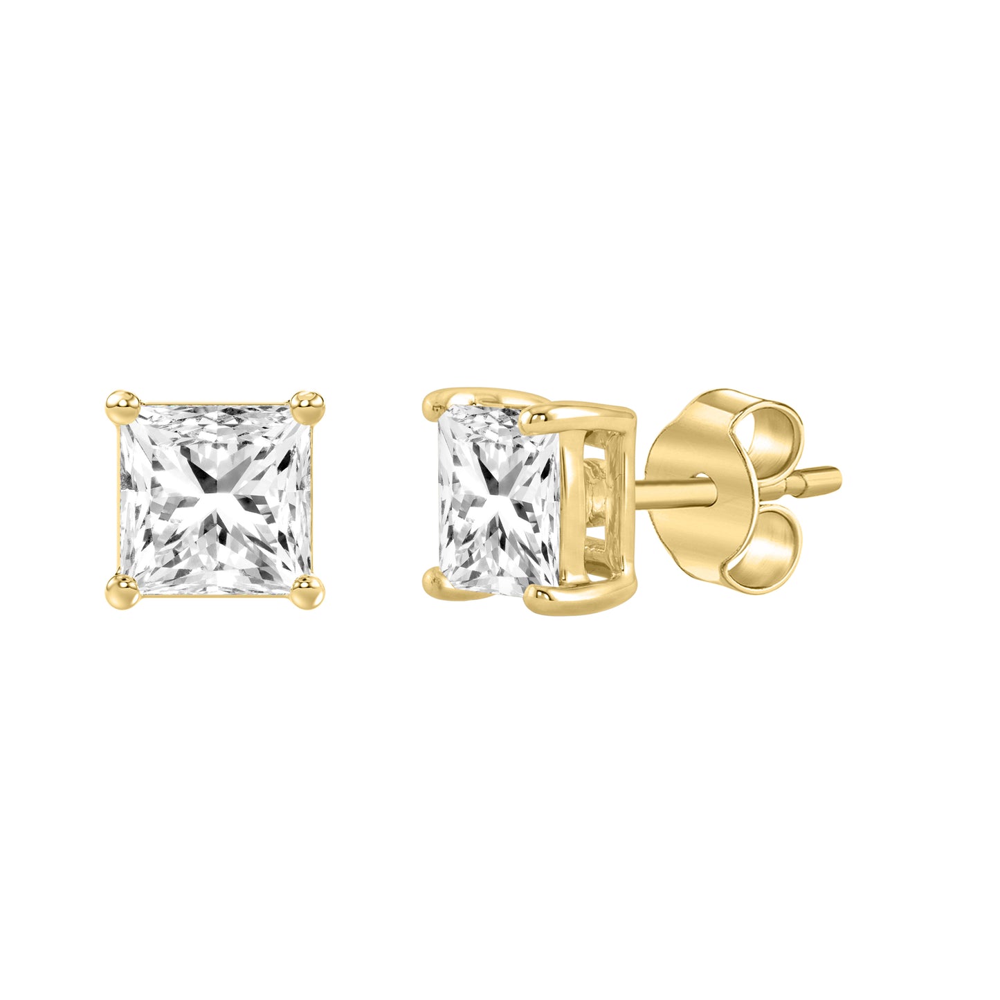 3 Carat Princess Lab Grown Diamond Stud Earrings Yellow Gold flat view